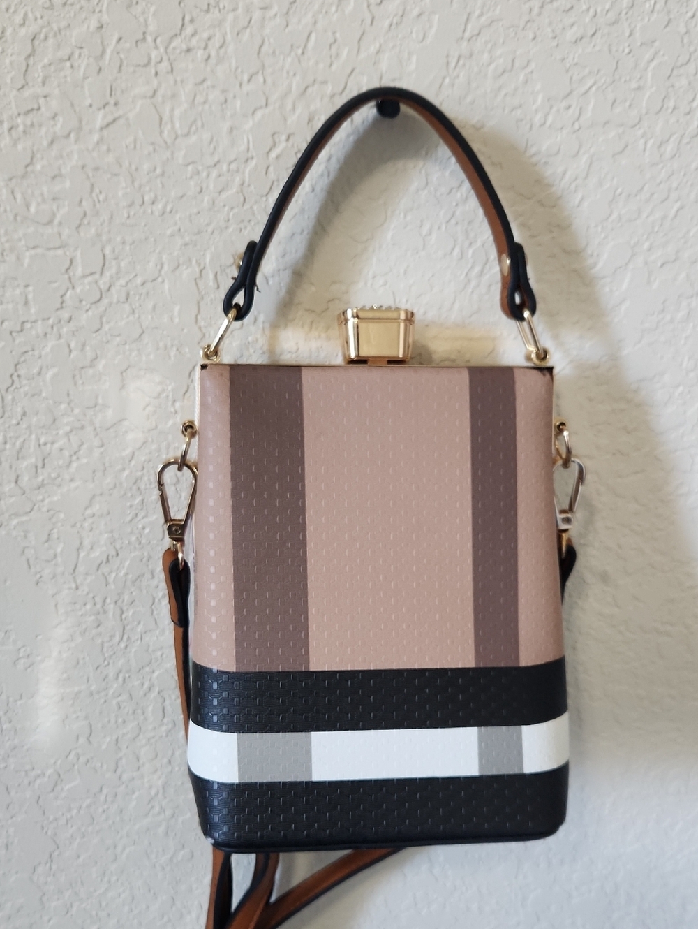 Women’s Structured Top-Handle Crossbody Bag in Beige and Black